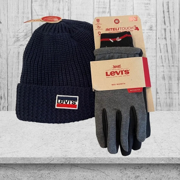 Levi’s  Mens Navy Blue Sherpa Beanie & Levi’s Touch Screen Gray Gloves NWT - Picture 1 of 15